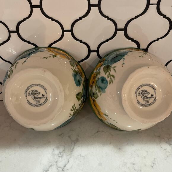 The Pioneer Woman Rose Shadow stoneware soup/cereal bowl set of 2 6” green - Picture 5 of 9